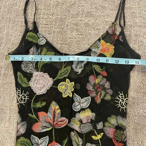 Honey Punch Semi Sheer Black/Floral Embroidered Bodysuit, Spaghetti Straps, Sz S - Picture 8 of 14